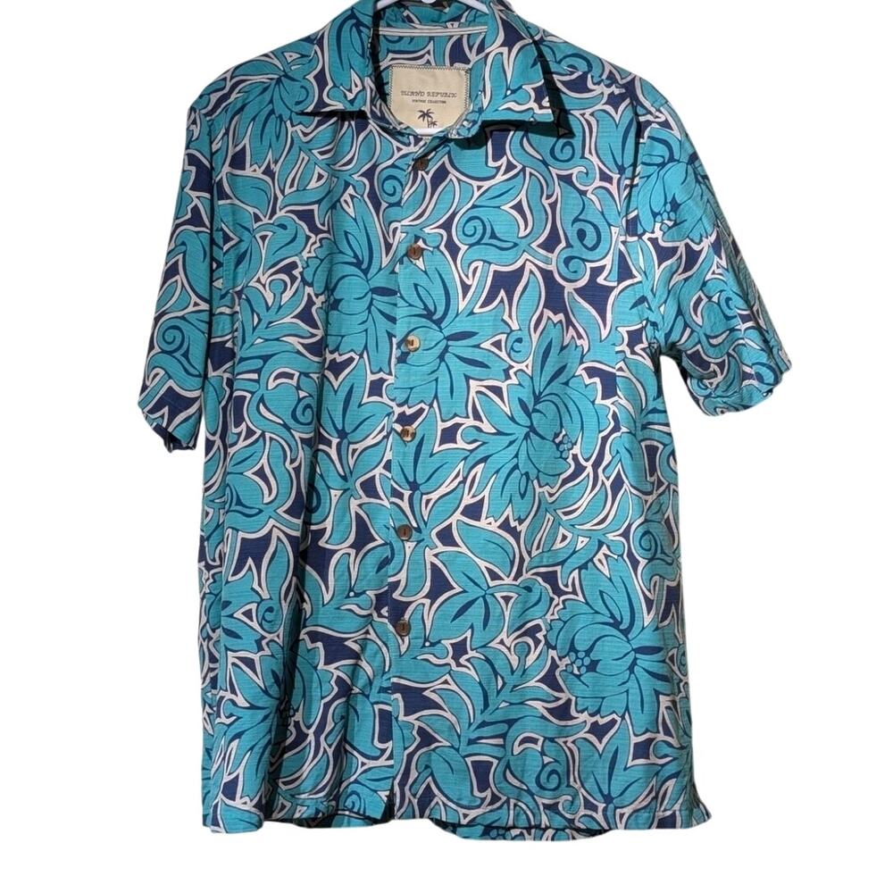 Island Republic Teal Navy Tropical Print Silk Button Front Shirt Men's Sz M